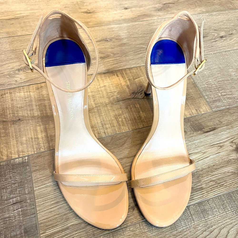Stuart Weitzman Nude Patent Leather Ankle Strap Sandals with Blue Insole Accent